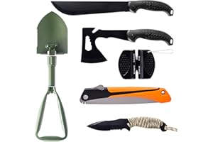 KNINE OUTDOORS Survival Shovel with Axe Set, Fixed Blade Knife, Camping Knife with Rope Handle, Folding Saw, Knife Sheathes, 