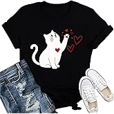 IFQ Valentines Day Shirts Women Cute Cat Pet Lover T-Shirt Love Heart Valentine Tee Tops