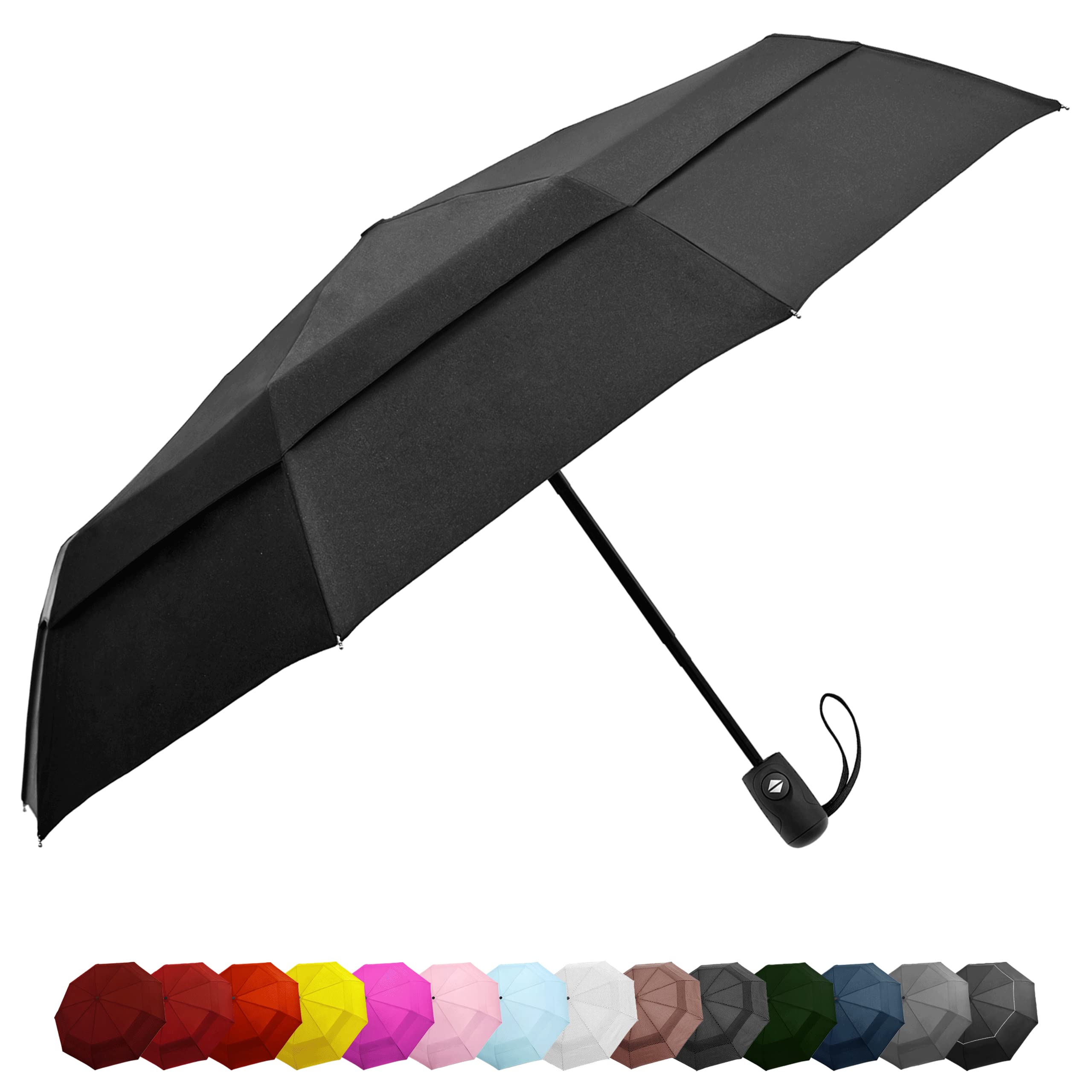 Windproof Travel Umbrellas for Rain - Lightweight, Strong, Compact with & Easy Auto Open/Close Button for Single Hand Use - Double Vented Canopy for Men & Women