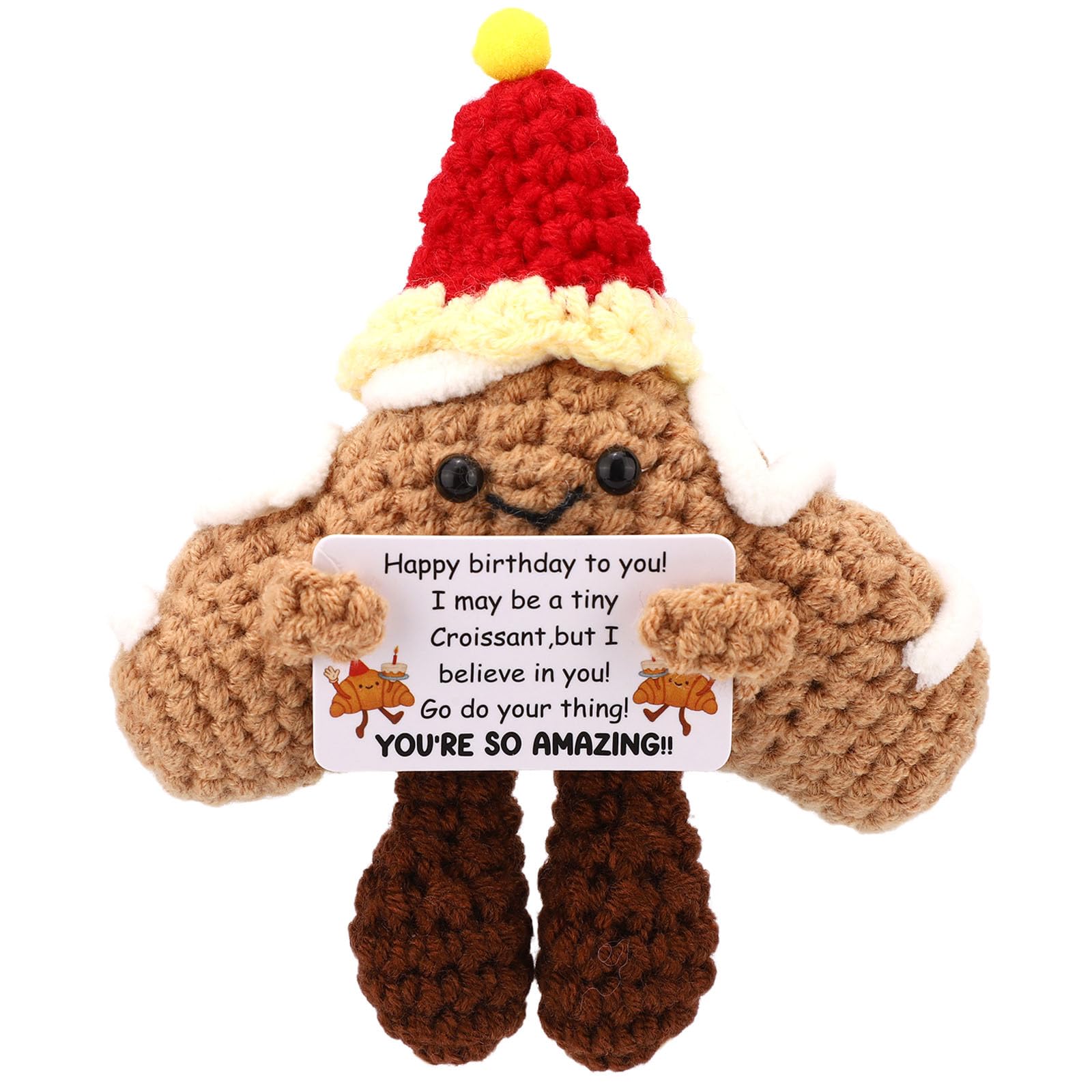 TOYMIS Positive Knitted Happy Birthday Croissant, Handmade Crochet Bread with Inspirational Card Emotional Plush Positive Support Doll for Women Men & Coworker Desk Decor