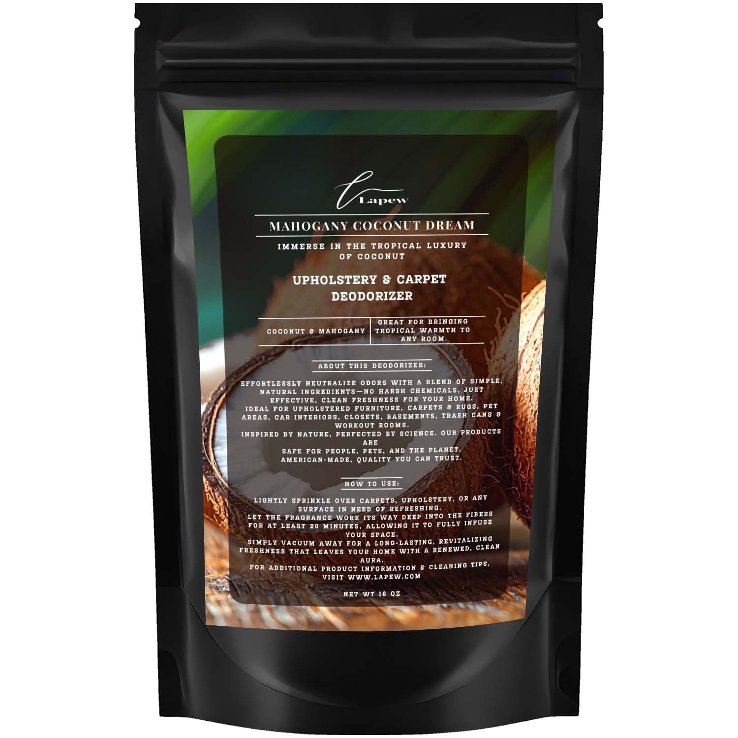 Photo 1 of Lapew Mahogany Coconut Dream Carpet Freshener Powder: Powerful Odor Eliminator for Home, Upholstery Deodorizer, Carpet Deodorizer, Pet Urine, Cat Litter Box - Mahogany Coconut Dream Fragrance.