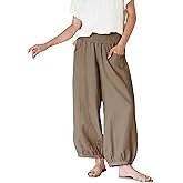 Xiaoxuemeng Womens Wide Leg Pants Cotton Linen Barrel Pants Elastic Waisted Lounge Trousers with Pockets