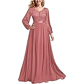 Miusol Women's Wedding Guest A-Line Dress Floral Lace Deep V Neck Long Sleeve Formal Evening Gown