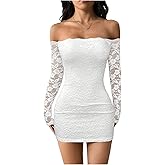 GORGLITTER Women's Lace Long Sleeves Mini Dress Y2K Fall Sexy Off The Shoulder Bodycon Night Out Birthday Party Dresses