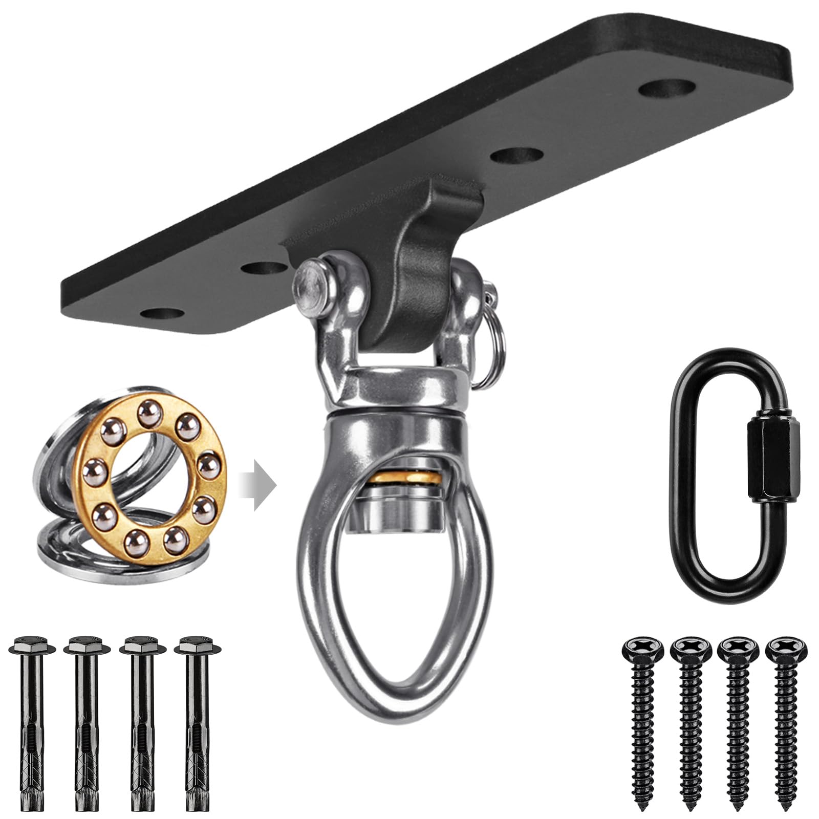 BeneLabel Swing Hanger Bearing, 4 Hole Hammock Ceiling Hook 360 Swivel Punching Bag Wall Beam Bracket with Carabiner for Yoga Rope/Aerial Hoop Wood/Concrete Suspension Mounting Kit, 900lbs/Gourd — image 1