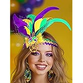 Woeoe LED Mardi Gras Headbands for Women Feather Carnival Fascinators Masquerade Mask Party Cocktail Headwear Rave Prom Costume Hair Accessories