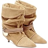 Seborluys Womens Slouchy Boots Kitten Heels Ankle Booties Pointed Toe Casual Slip On Comfortable Boots with Fleece Lining