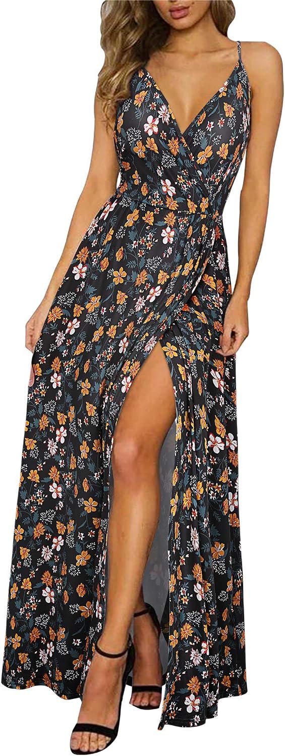 II ININ Women's Deep V-Neck Casual Dress Summer Backless Floral Print/Solid Split Maxi Dress for Beach Party