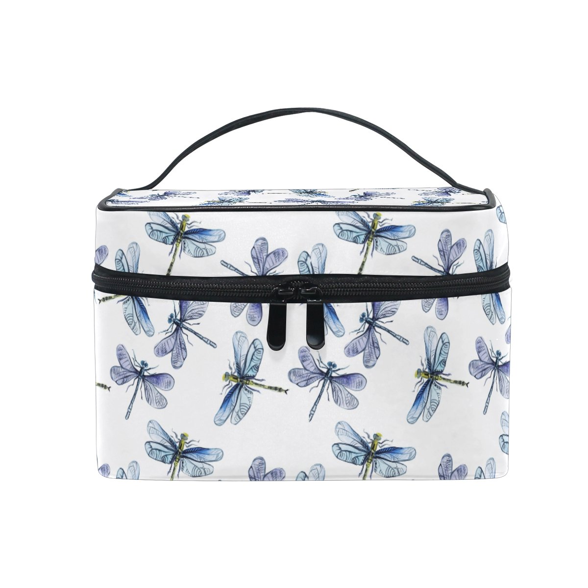 Makeup Bag, Dragonfly Cute Print Cosmetic Toiletry Storage Organiser Large Travel Handle Personalised Pouch with Compartments for Teenage Girl Women Lady White