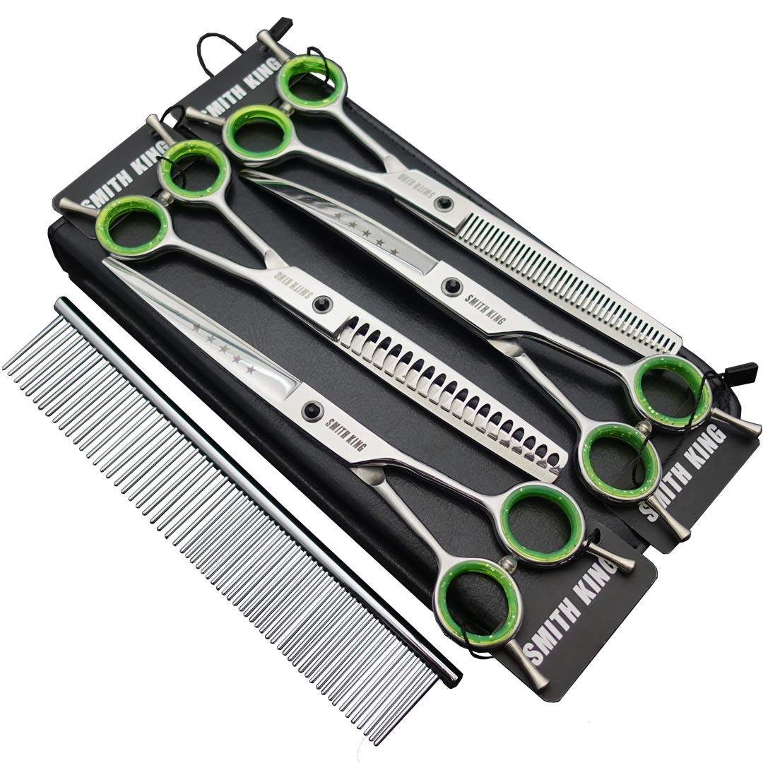 7.0 Inch Professional Dog Grooming Scissors Set Straight & Thinning & Curved & Chunker & Comb 5 Pieces in 1 Set for Left-Handers & Right-Handers Silver Colour