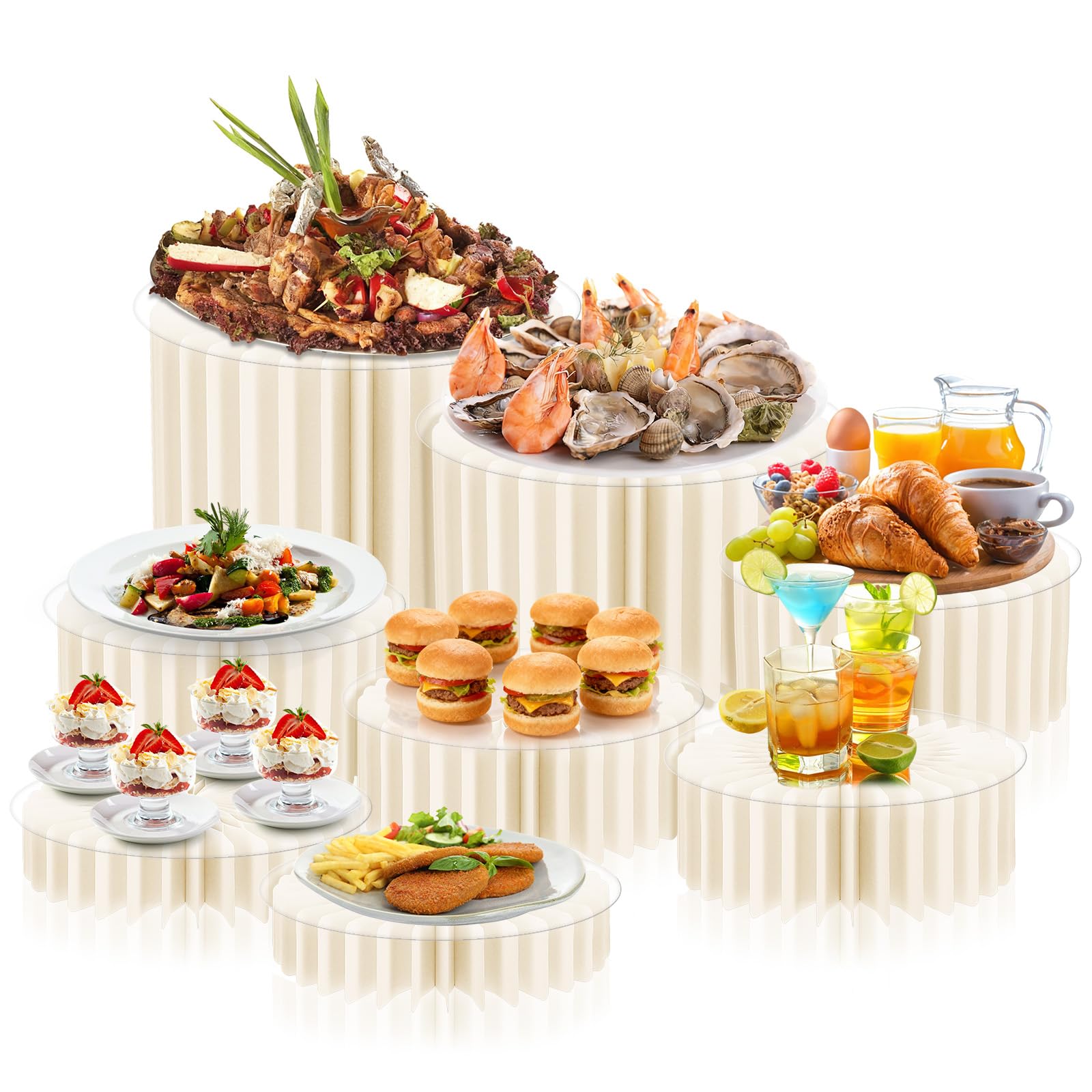 Photo 1 of 8 Pcs Buffet Risers, Acrylic & Cardboard Foldable Table Food Display Stands with Acrylic Plates Risers for Catering Dessert Cake Jewelry for Wedding Birthday Christmas Party Decorations White