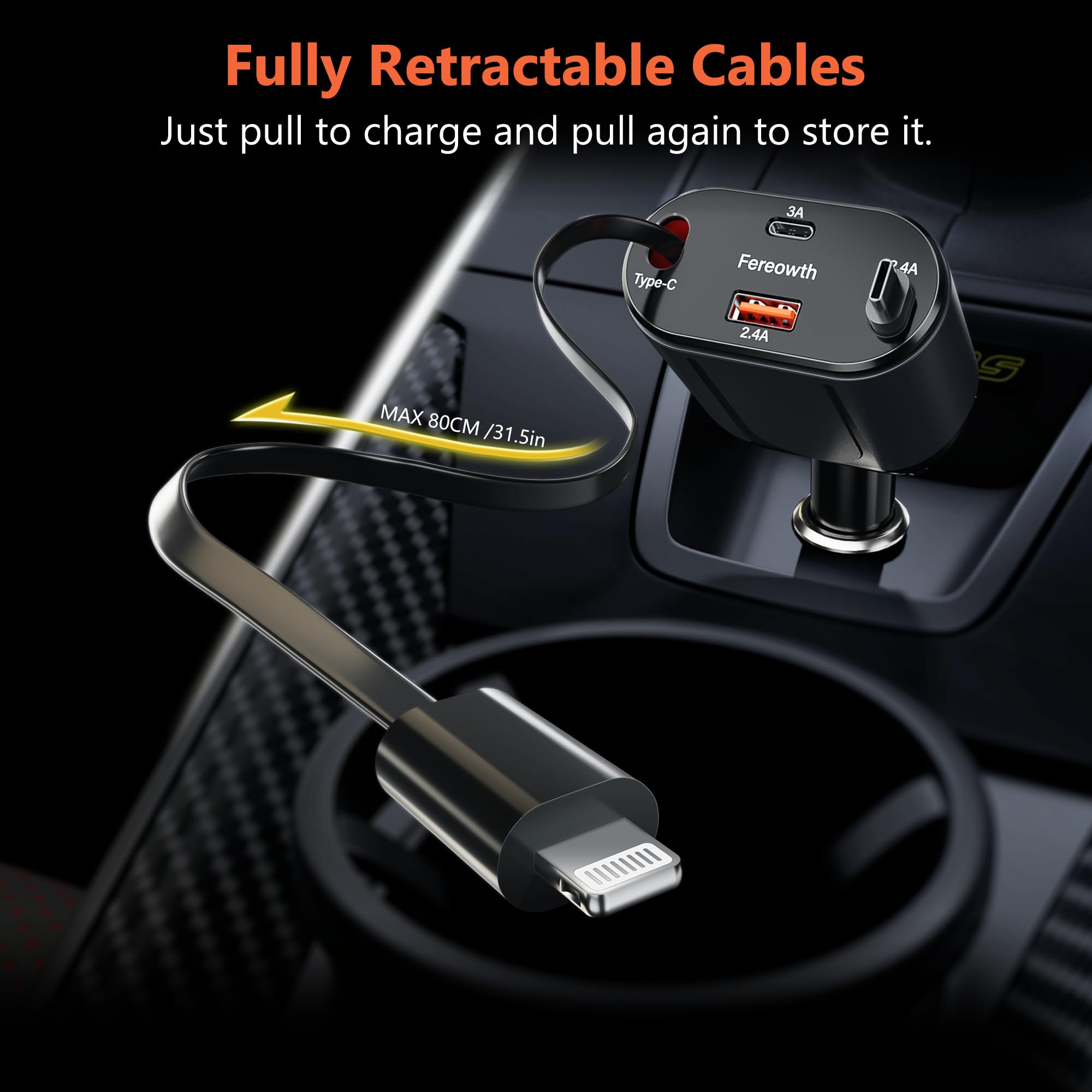 Retractable Car Charge 4 in 1 Fast Car Phone Charger Adapter PD 63W Phone Retractable Cables (31.5 inch) and 2 USB Ports Car Charger， Compatible with iPad,Samsung,Pixe iPhone 15/14/13, Black