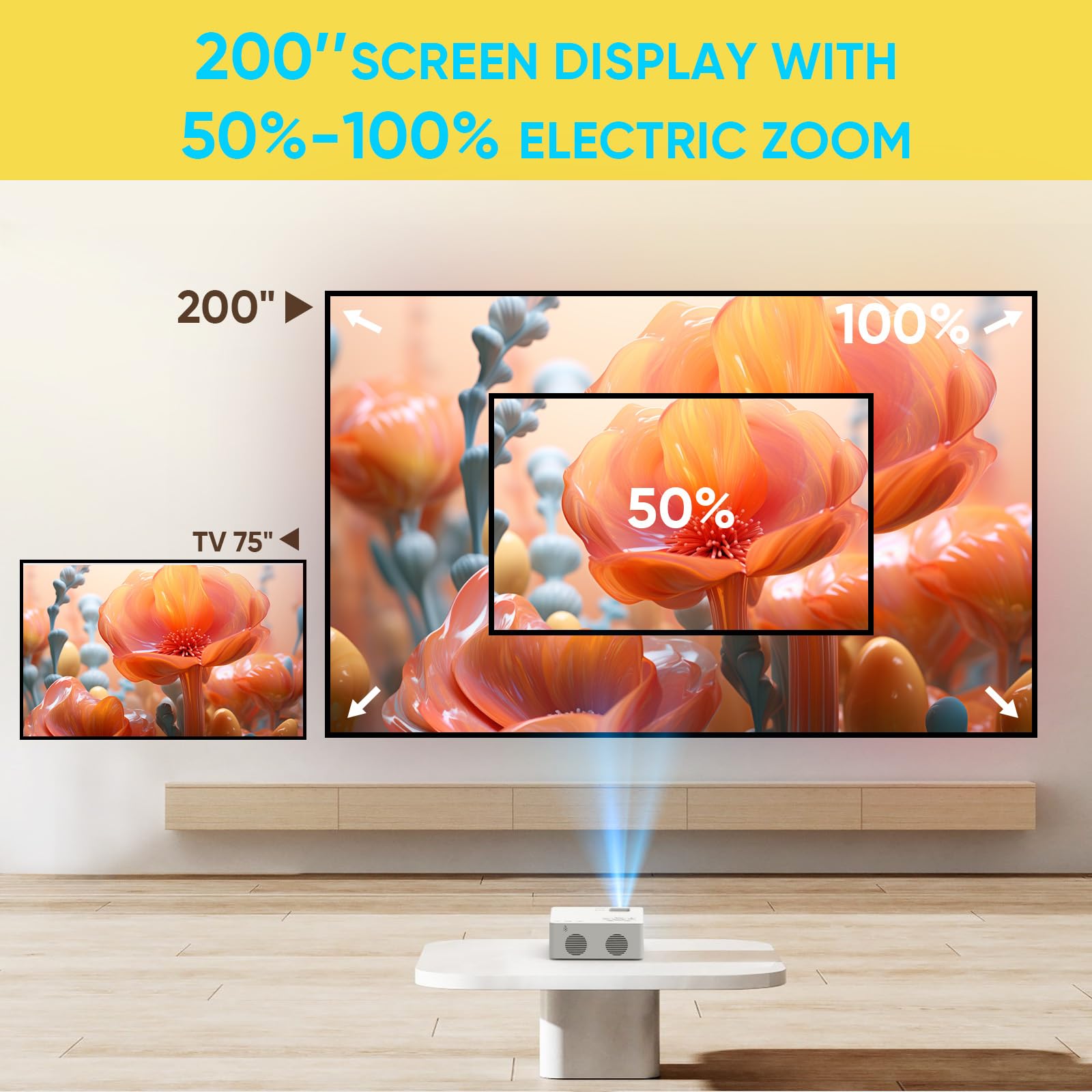 Puxinat Beamer, Mini Beamer Bluetooth5.2 Full HD 1080P Tragbarer Outdoor/Heimkino Projektor, 50% Zoom 200-Zoll-Display, Kompatibel mit TV Stick/HDMI/Smartphone/Spielkonsole/USB [Inkl. Fernbedienung]