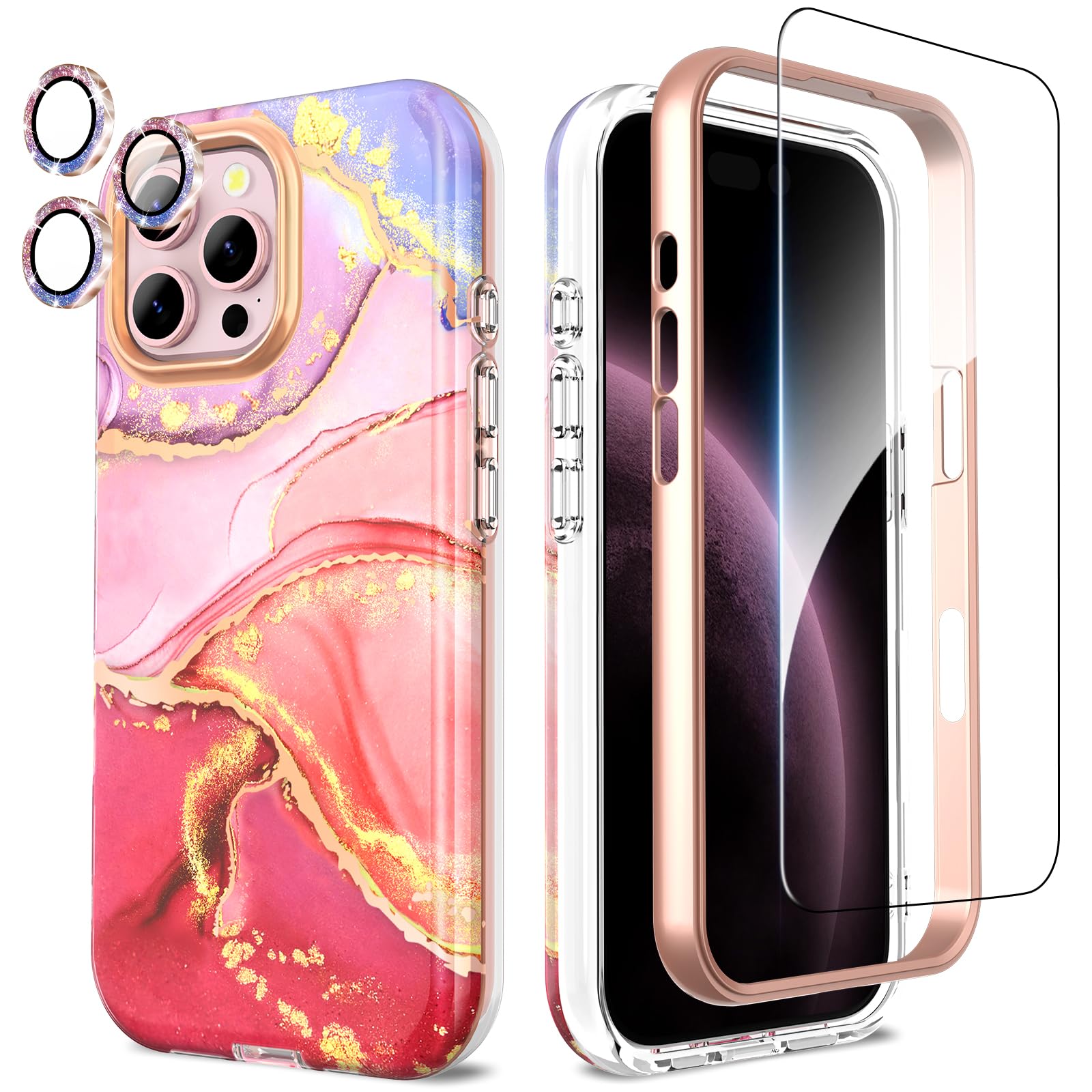 SHEDEER for iPhone 16 Pro Max Case with Glitter Camera Protector + Screen Protector, Chic Anti-Yellowing Pattern, Shockproof Drop Protection Anti-Scratch Phone Cover 16 Pro Max 6.9'', Glassy Pink