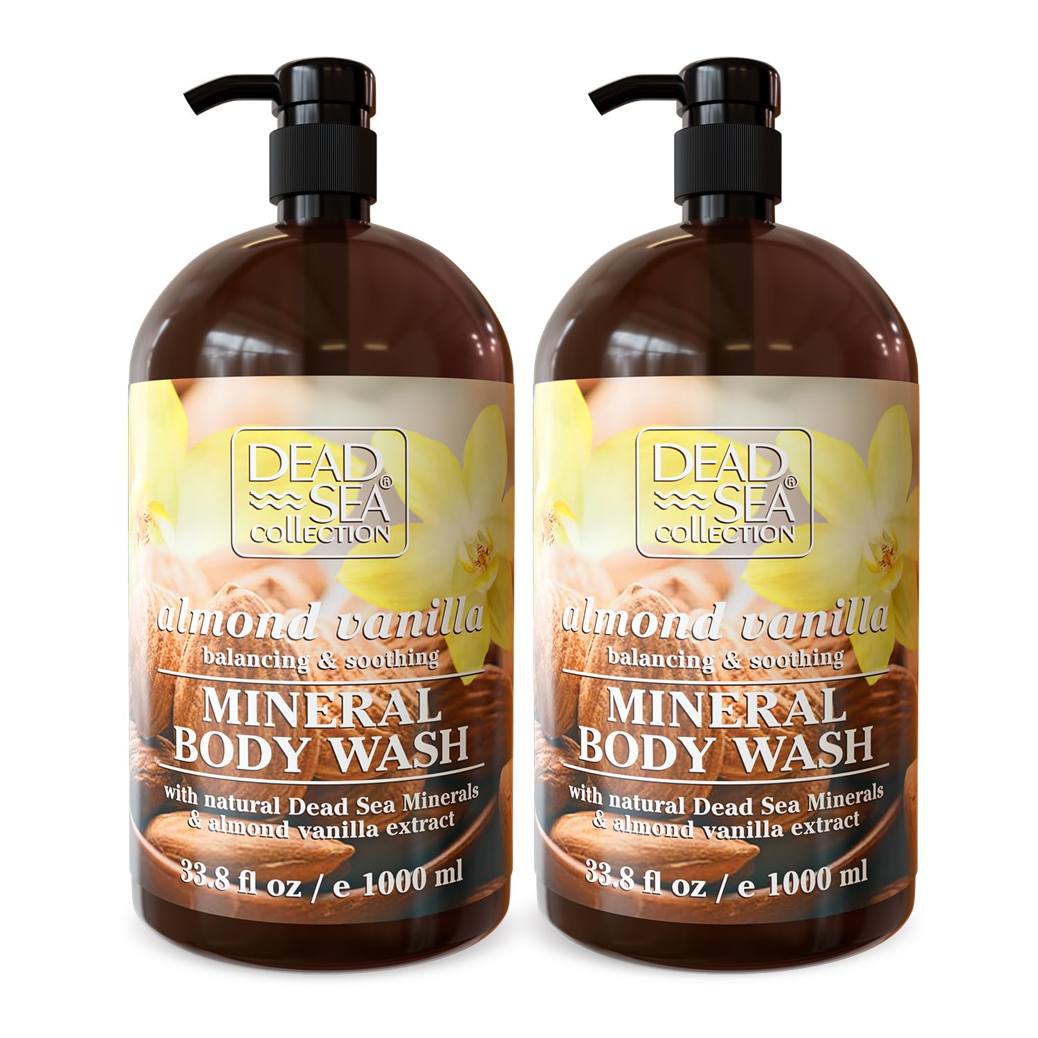 Dead Sea Collection Shower Gel for Women and Men - Body Wash with Pure Dead Sea Minerals and Sweet Almond Oil - Cleanses and Moisturizes Skin - Pack of 2 (1000 ml. each)
