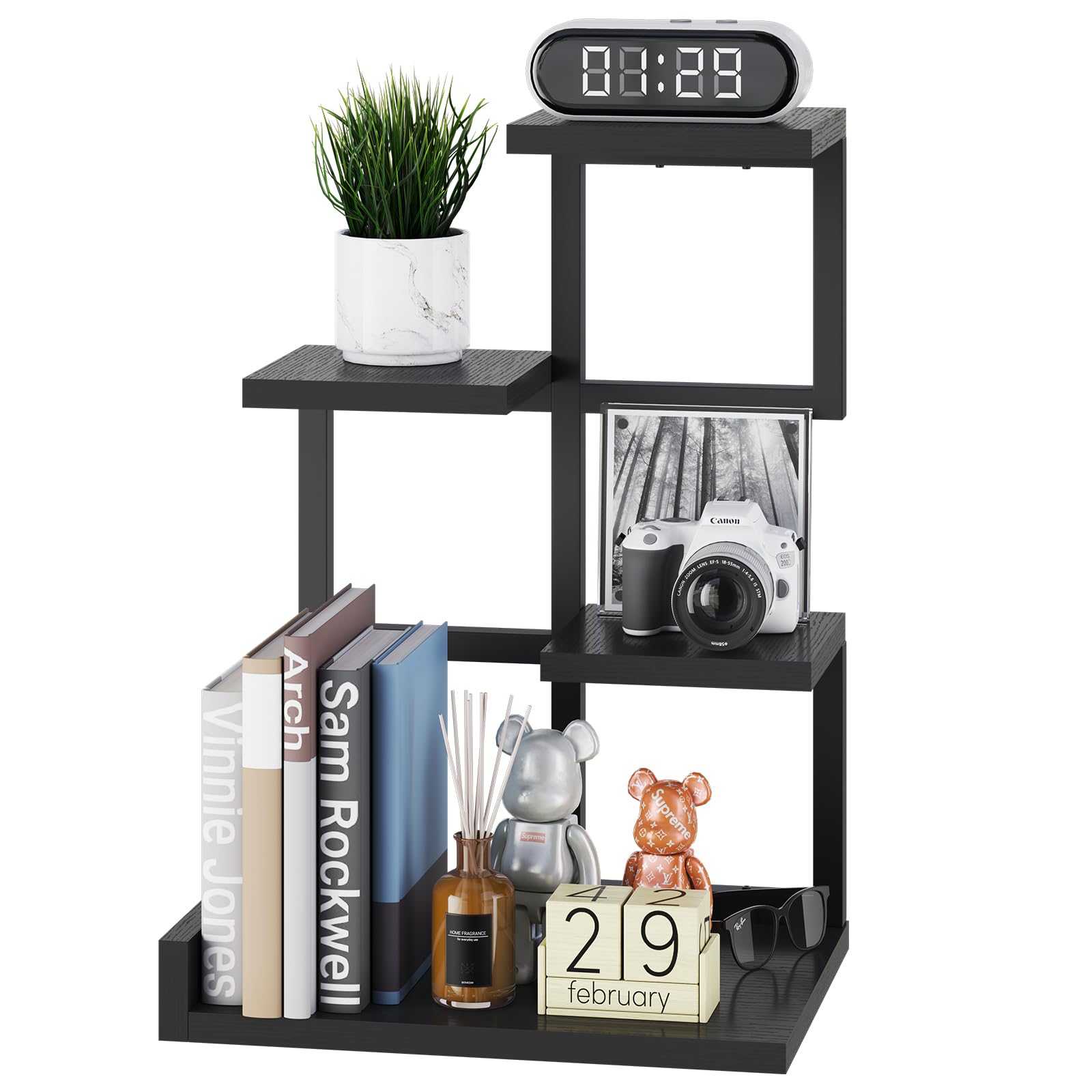 YMYNY Desktop Shelf Organizer, 4 Tier Storage Display Rack, Desk Shelf Organizer Small Bookshelf with Metal Frame for Office, Books, Plants, 31 x 24 x 44.5cm, Black HSR007B