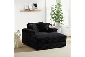 JEEOHEY Oversized Cozy Chaise Lounge Chair Indoor with Ottoman,44" W Corduroy Upholstered Comfy Sofa,Modern Fluffy Deep Seat Couch,Leisure Sleeper Sofa Reading Armchair for Living Room,Bedroom,Office,Black