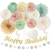 Sage-Green Blush-Pink Beige Birthday Party-Decorations - 21pcs Happy Banner,Cream Light Dusty Pink Paper Lanterns Pom Poms,Rustic Boho Neutral Streamers Garland,Women Girls Decor Supplies Huglony
