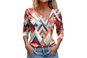 Attine Spring Going Out Tops for Women 2024 Cute Print T Shirts Long Sleeve V Neck Blouse Asymmetric Lapel Button Tees Shirts