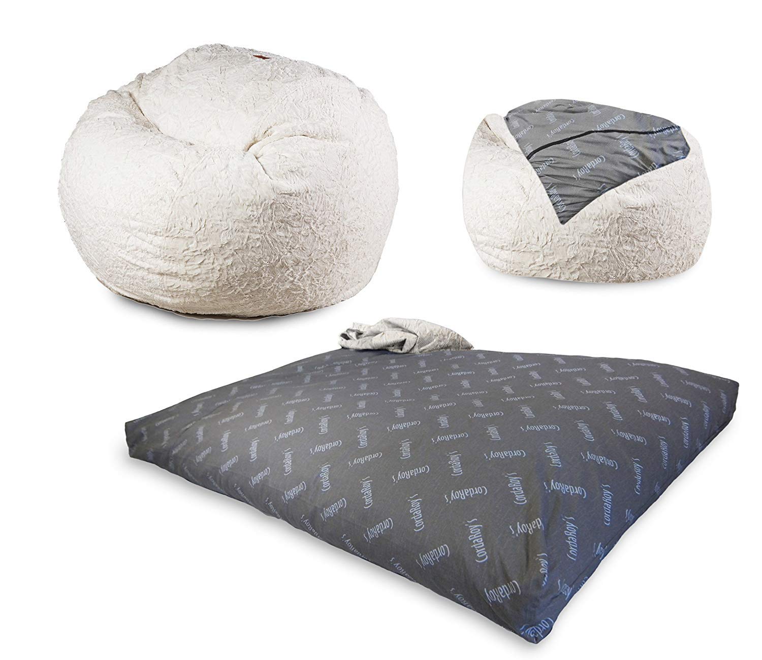 CordaRoy's QC WH Faux Fur, Convertible Chair Folds from Bean Bag to Bed, As Seen on Shark Tank-White, Queen