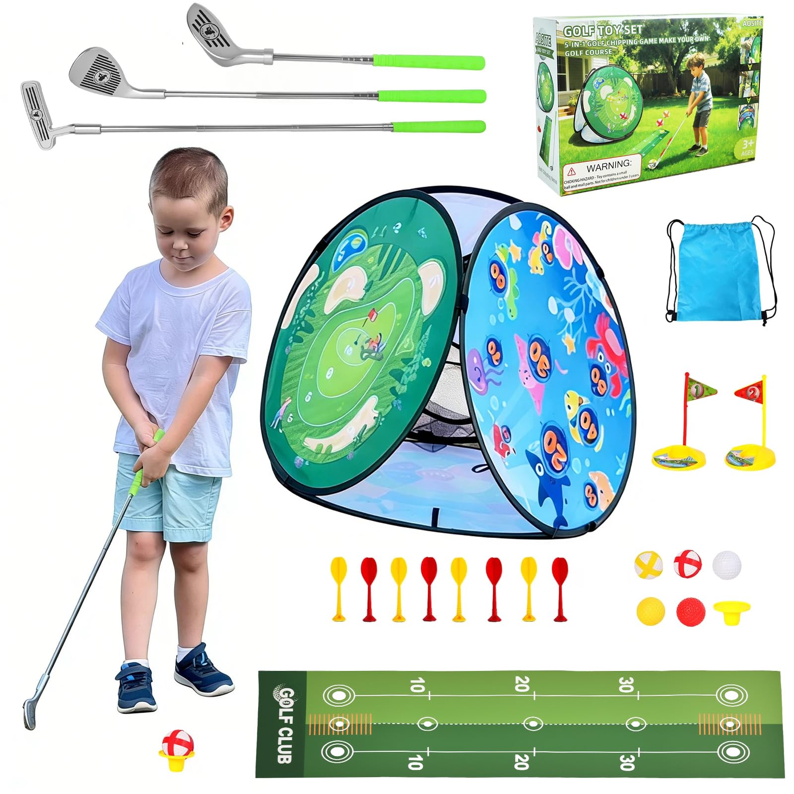 AOSITE Kids Golf Set, 5-1 Toddler Golf Set with 3 Golf Clubs,Putting Mat,19 Balls, Dinosaur Sticky Darts braod 8 Darts, 3-10 Kids Games Golf Cornhole, Indoor Outdoor Sports Activities Party Toy Gift