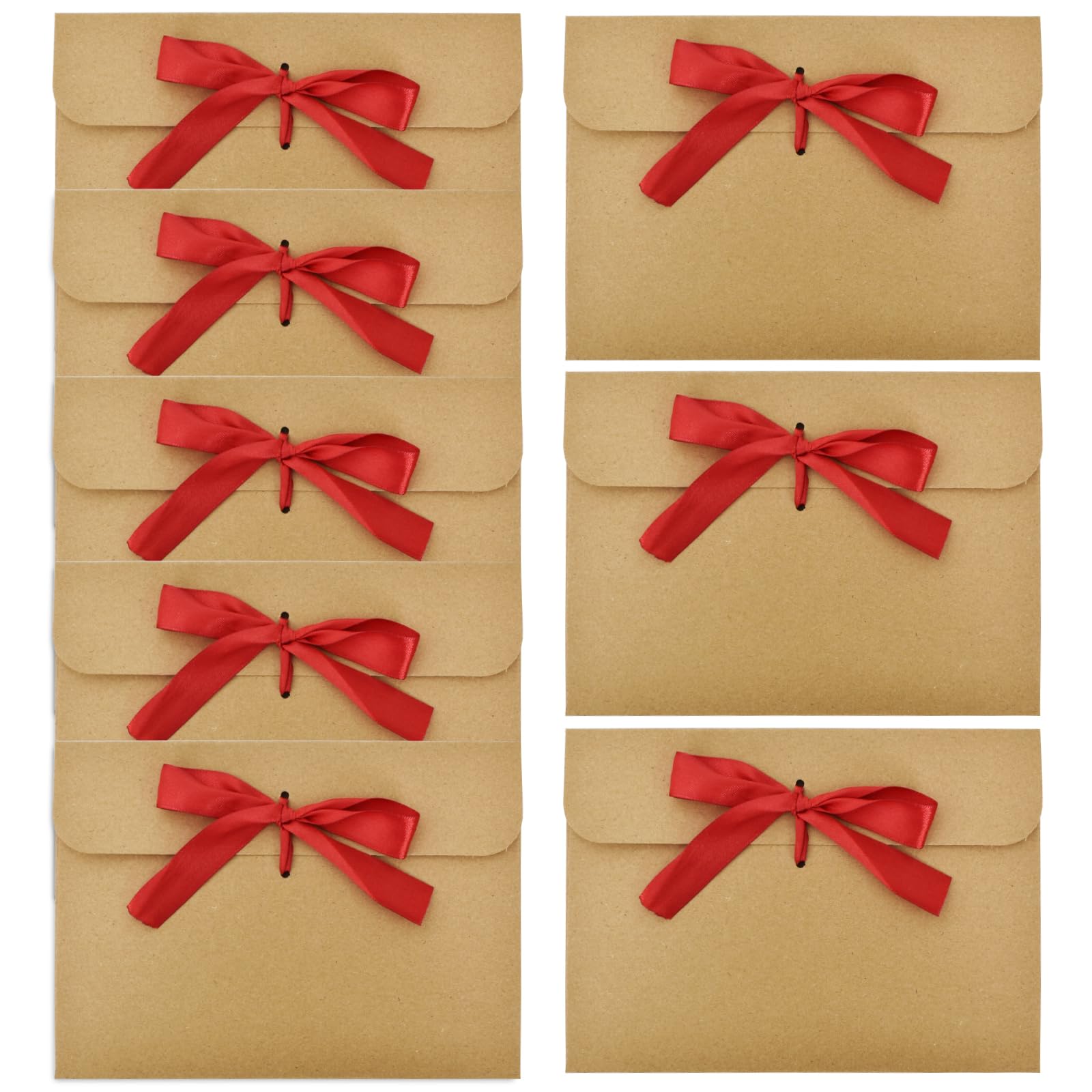 50pcs Kraft Paper Envelopes with Ribbons - Vintage Money Cash Envelopes for Valentine's Day, Mother's Day (Burgundy Ribbons)