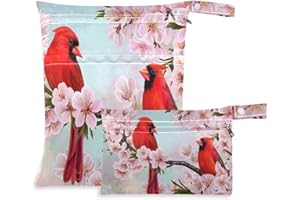 visesunny Red Cardinal Bird On Cherry Branch 2Pcs Wet Bag with Zippered Pockets Washable Reusable Roomy for Travel,Beach,Pool,Daycare,Stroller,Diapers,Dirty Gym Clothes, Wet Swimsuits, Toiletries
