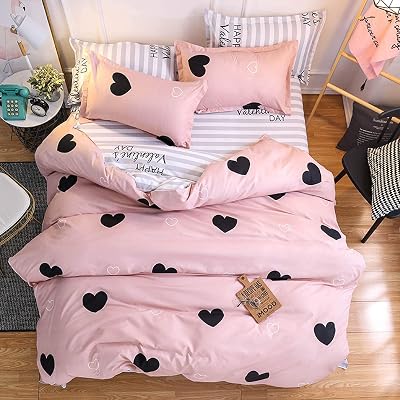 Loussiesd Pink Duvet Cover Single Love Heart Bedding 135x200 Soft Microfiber
