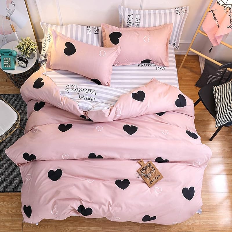 Loussiesd Pink Duvet Cover Single Love Heart Bedding 135x200 Soft Microfiber
