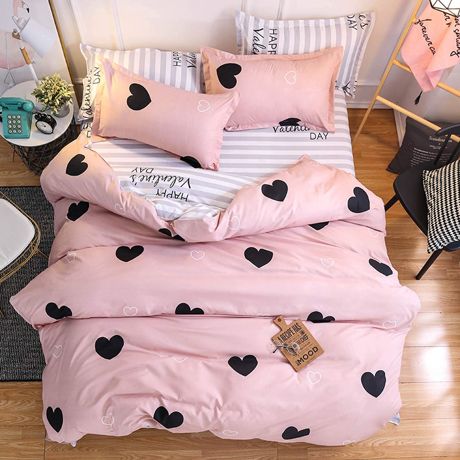 Loussiesd Pink Duvet Cover Single Love Heart Bedding Duvet Cover Warm Sweet Kids Girls Comforter Cover Lovly Pattern Quilt Cover Soft Breathable Bed Cover Bright Bedspread Cover