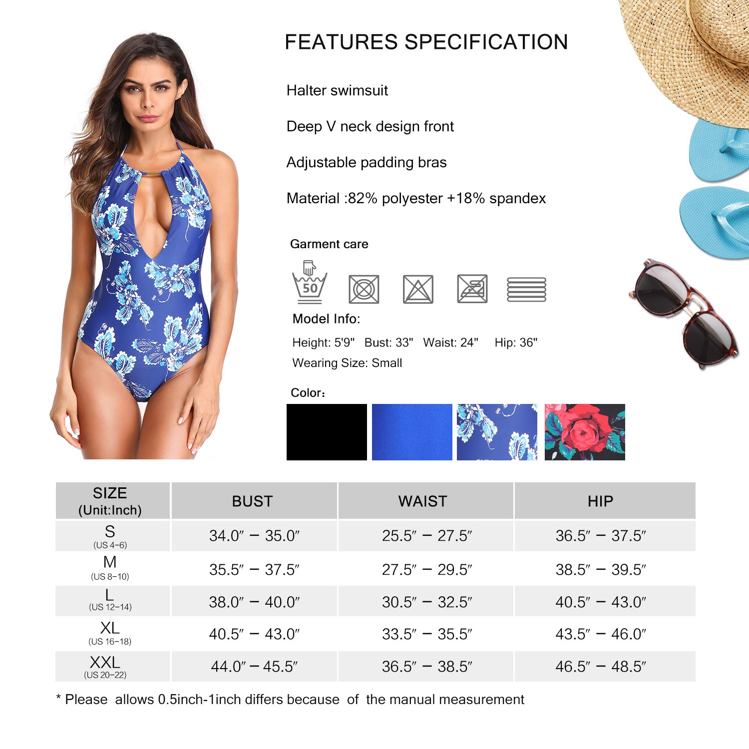 MarinaVida Women One Piece Swimsuit Halter Deep V Neck Bathing Suit