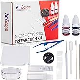 AmScope Microscope Slide Preparation Kit - Includes Blank Microscope Slides, Eosin Red & Methylene Blue Stain Powders, Tweezers, Swab & More - 22-Piece Kit