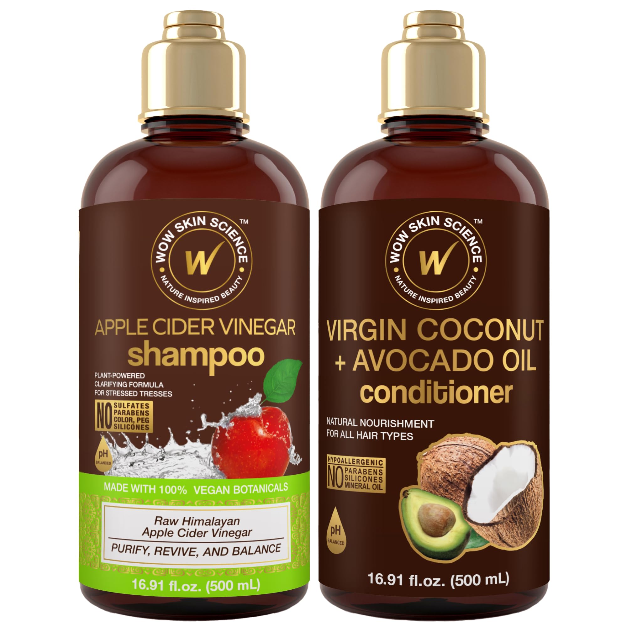 WOW Skin Science Apple Cider Vinegar Shampoo & Conditioner Set with Coconut & Avocado Oil - Men and Women Gentle Shampoo Set - Hair Growth Shampoo for Thinning Hair & Loss - Sulfate & Paraben Free