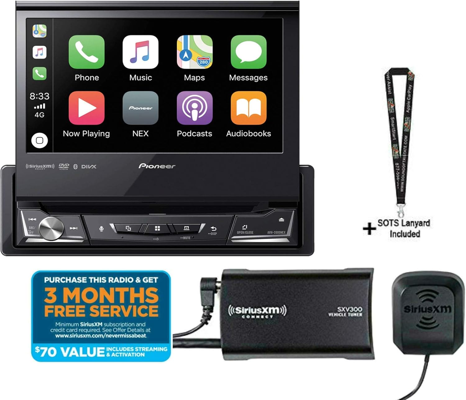 Pioneer AVH-3500NEX 7" Single Din DVD Receiver Apple CarPlay Built in Bluetooth with SiriusXM Satellite Radio Tuner SXV300v1 and a Sound of Tri-State Lanyard Bundle
