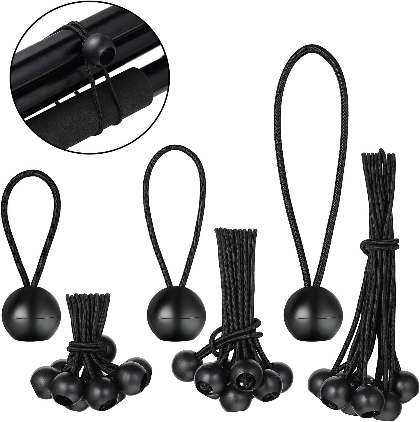 4 Inch 6 Inch 9 Inch Ball Bungee Canopy Cords 30 Pieces Tie Down Straps Black Bungee Cord Loop Straps for Securing Household Items, Automotive Items, Tarp Tie Down, Lacrosse, Soccer - - 