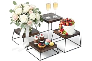 MyGift Dessert Table Display Set, 4pcs Buffet Risers, Brown Wood Pizza Stand with Matte Black Metal Wire Base, Dessert Display Stands