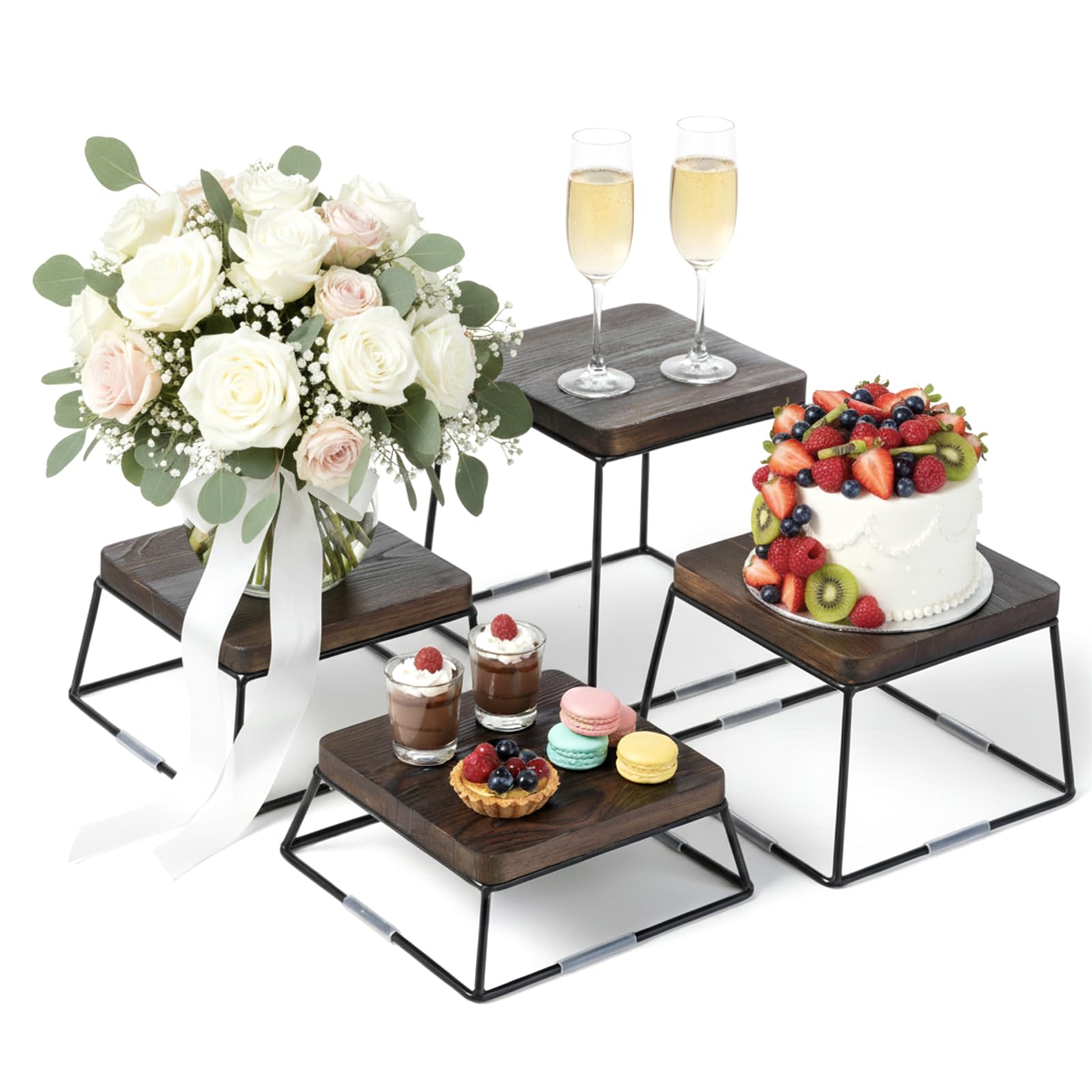 Photo 1 of MyGift Dessert Table Display Set, 4pcs Buffet Risers, Brown Wood Pizza Stand with Matte Black Metal Wire Base, Dessert Display Stands