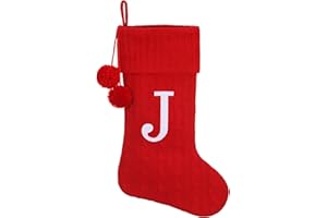 Pxniy Personalized Christmas Stocking 19 Inch - Red Cable Knit with Monogram Embroidery & Pom Poms, Family Fireplace Hanger for Holiday Decor, Red Letter J