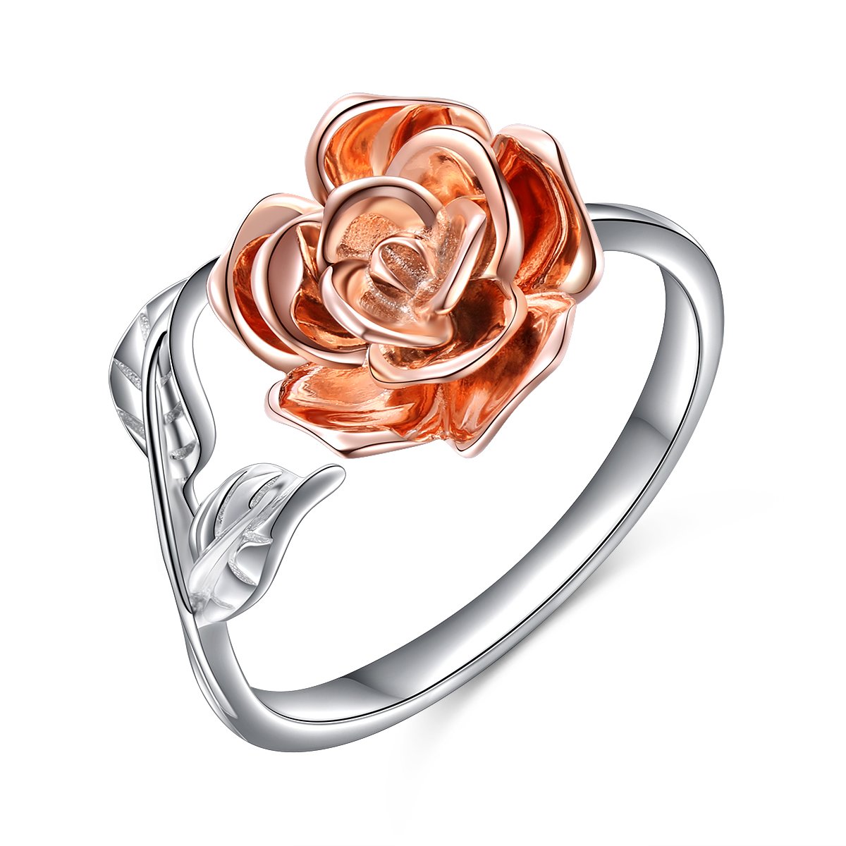 DAOCHONG Rose Ring for Women S925 Sterling Silver Flower Adjustable Rings Romantic Gift for Her,Rose Gold-Plated Ring,N-1/2