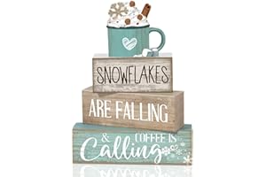Moucuny 4 Pcs Winter Table Decor Wooden Milk Cocoa Decoration Winter Tiered Tray Centerpiece Decorative Blue Hot Cocoa Block Signs Gift Farmhouse Decoration for Home Kitchen