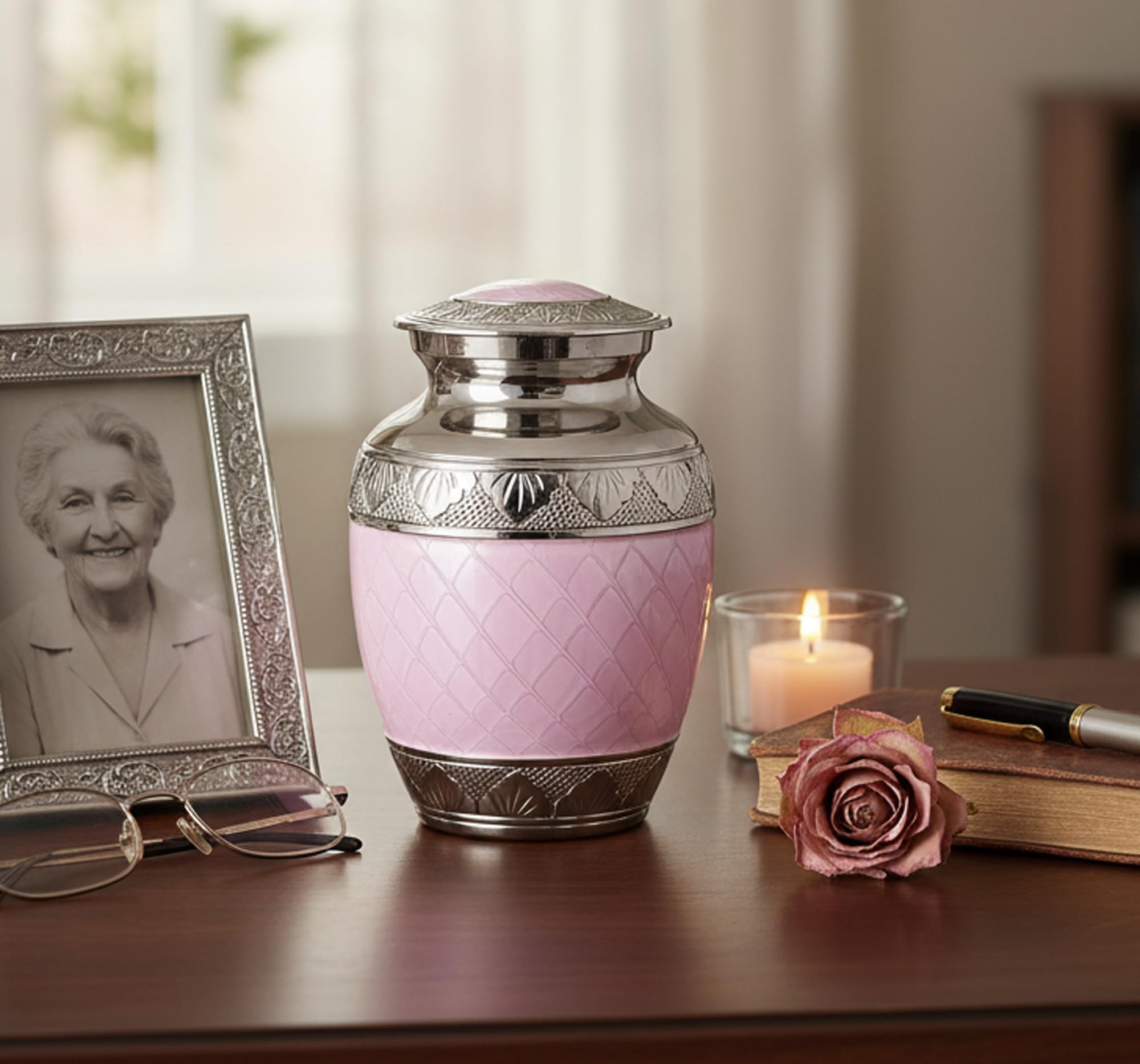 eSplanade Metal Cremation Urn Memorial Jar Pot Container | Medium Size Urn for Funeral Ashes Burial | Engraved Metal Urn | Pink - 6" Inches