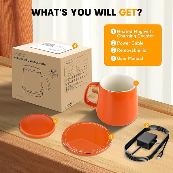 USBERG SMART-WARMING CERAMIC COFFEE CUP, 4H TEMPERATURE CONTROL WITH AUTO SHUT OFF, 15W WIRELESS CHARGER COASTER, HOT BEVERAGE WARMER WITH SPLASH-PROOF LID, 380ML/12.8 FL OZ (ORANGE)