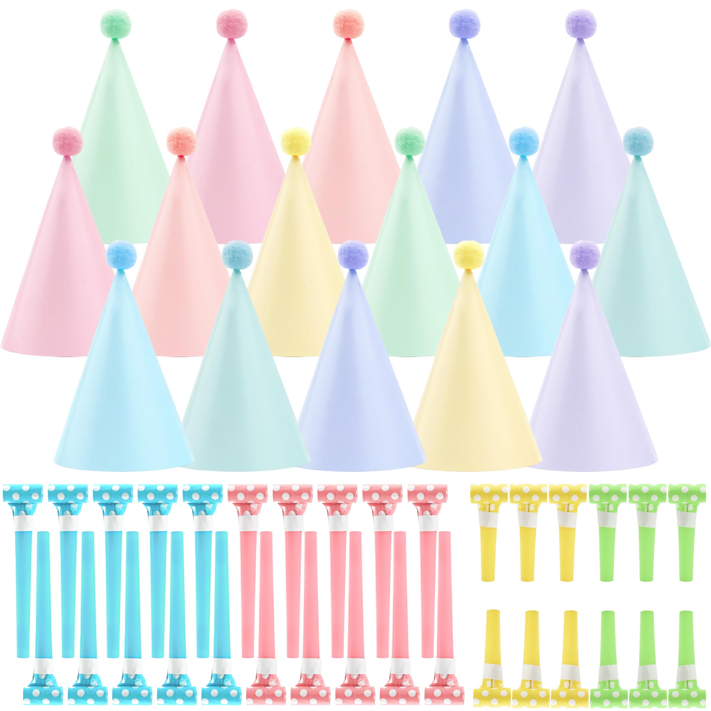 Photo 1 of JOYEONDEF 48 Pcs Pastel Birthday Party Hats Includes 16 Pastel Rainbow Birthday Party Cone Hats and 32 Colorful Noise Makers for Baby Shower Bridal Wedding Party Supplies