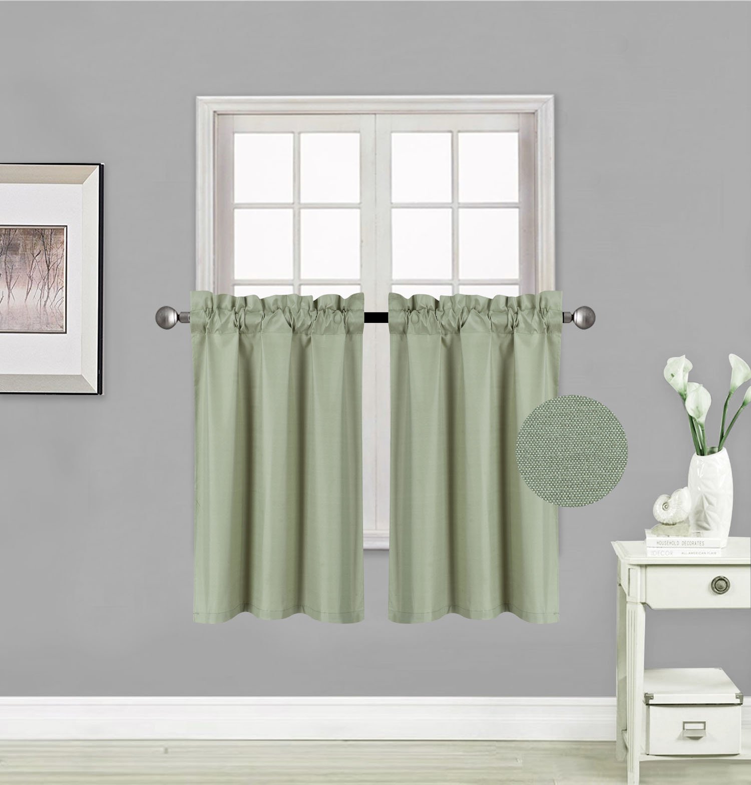 Elegant Home 2 Short Panels Tiers Small Window Treatment Curtain Blackout 28" W X 36" L Each for Kitchen Bathroom # R5 (Sage Green)