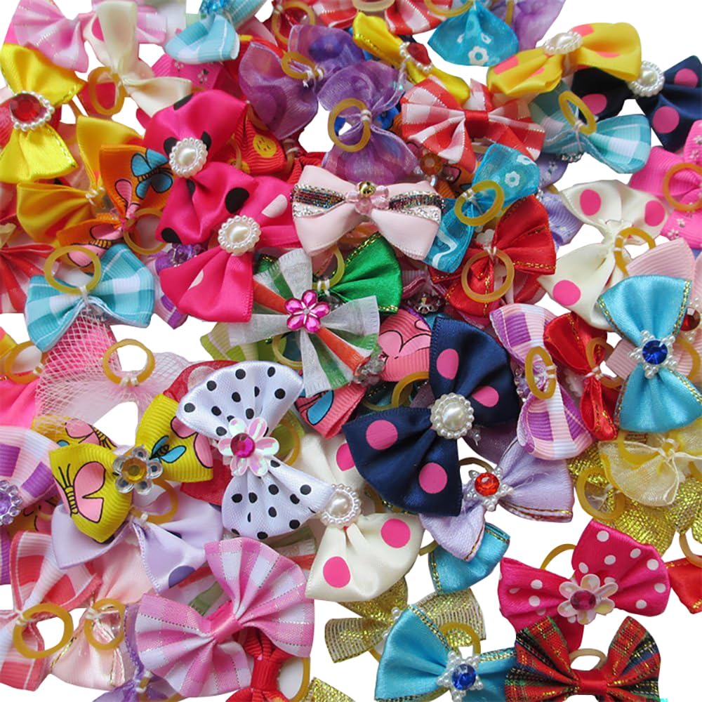 Chenkou Craft 20pcs New Dog Hair Bow with Rubber Band Rhinestone Pet Grooming Products Mix Colors Varies Patterns Pet Hair Bows Dog Accessories