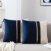 WACOMECO Velvet Throw Pillow Covers - Pack of 2 Soft Decorative Cushion Covers Cases with Gold Leather for Sofa Bedroom Livingroom Car, 18 x 18 in, Navy and White