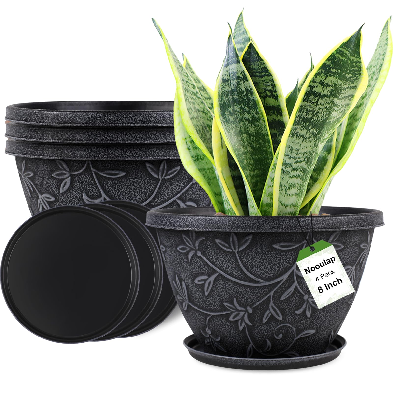 Nooulap 4 Pack 8 Inch Flower Pots for Outdoor Indoor, Plastic Plant ...