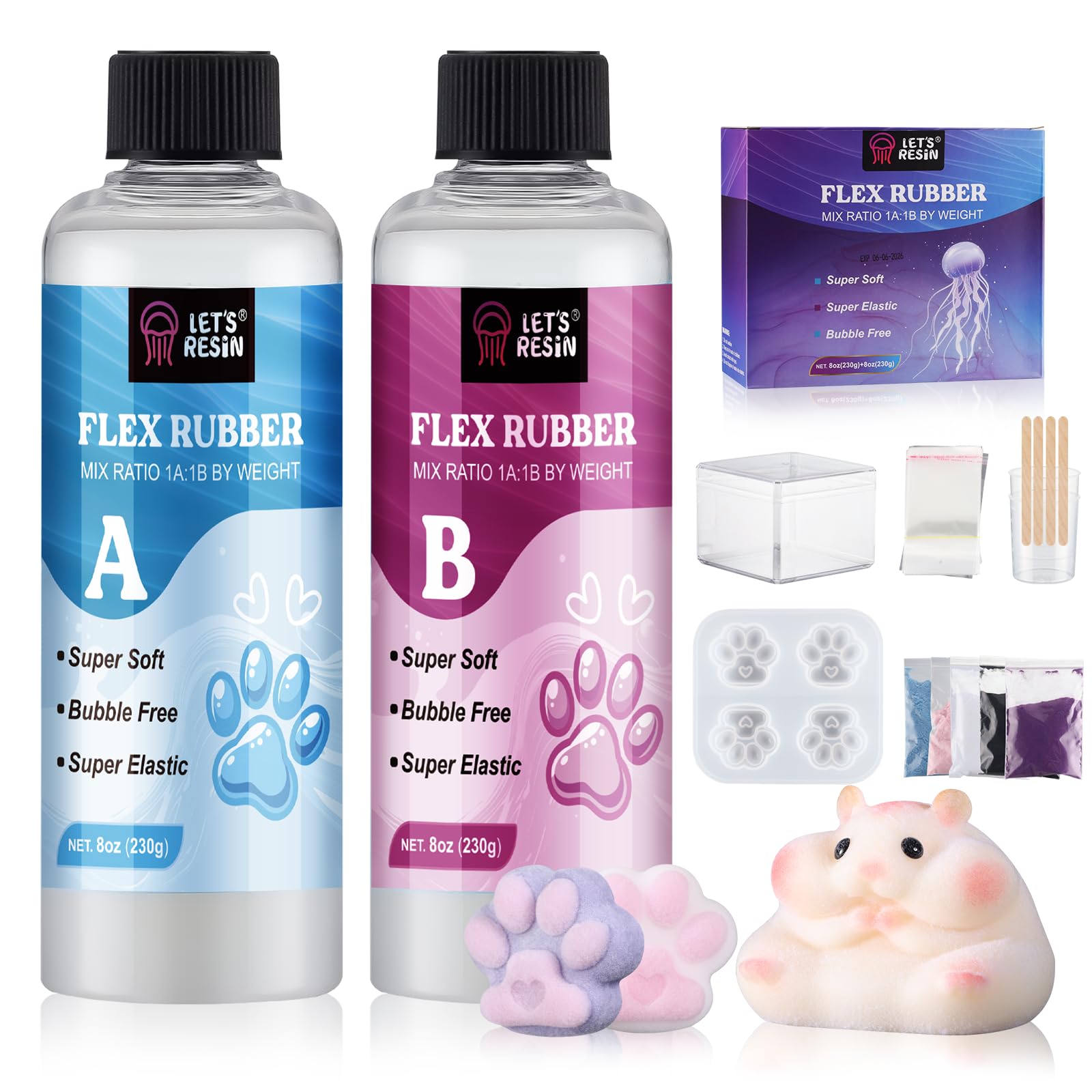 LET'S RESIN Gel for Taba Squishy Kit, 16oz Super Soft Flex Rubber for Squishy Maker, with Paw Molds/Flocking Powder/Bag, Molding Cat's Paw, DIY Decompression Gift