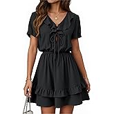 Angashion Womens Tie Front Mini Dress: V Neck Long Sleeve Layer Ruffle Hem Dress with Pockets