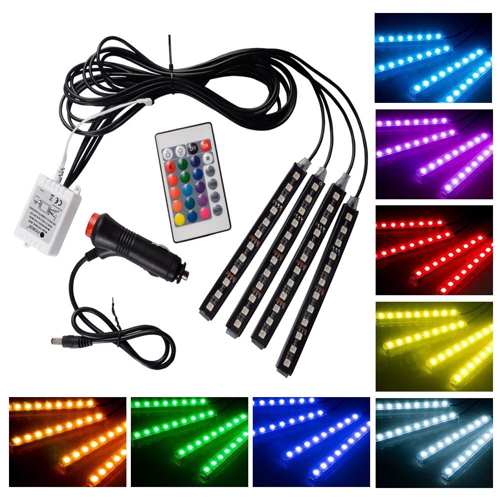Car LED Strip Light,FICBOX （Upgraded）4Pcs 48 LEDs Multi-Color Car Interior Light,Auto Atmosphere Lights Strip Waterproof Glow Neon Lighting Kit with Wireless Remote Control and Car Charger
